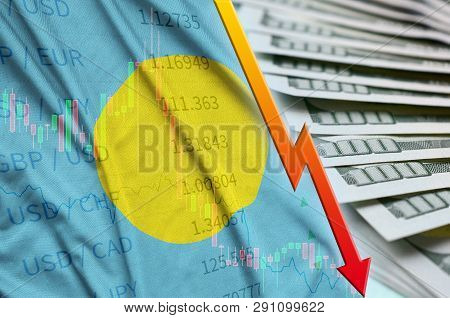 Palau Flag And Chart Falling Us Dollar Position With A Fan Of Dollar Bills