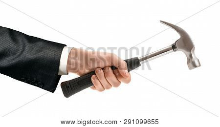 Crop Close-up Of A Mans Hand Holding A Hammer With Rubber Handle Isolated On A White Background.