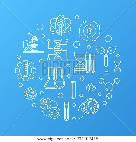 Biotech Or Bio-engineering Vector Round Concept Outline Illustration On Blue Background