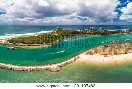 Drone view of famous Mooloolaba beach and marina on sunny day