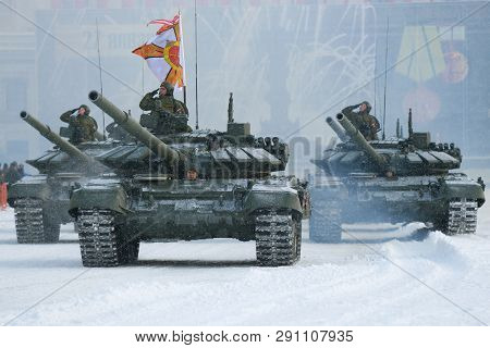 Saint Petersburg, Russia - January 24, 2019: T-72b3 The Russian Tanks On A Dress Rehearsal Of A Mili