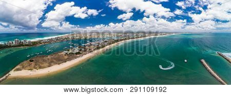 Drone view of famous Mooloolaba beach and marina on sunny day