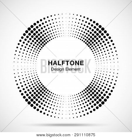 Halftone Music Circle Frame Abstract Dots Logo Emblem Design Element. Half Tone Circular Icon. Disc 