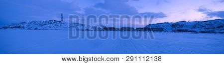Panorama Of The Village Of Teriberka In February Twilight. Murmansk Region, Russia
