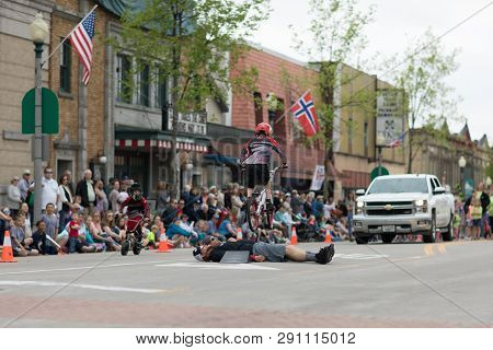 Stoughton, Wisconsin, Usa - May 19, 2018: Syttende Mai Youth Parade, Children Riding Mountain Bicycl