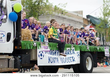 Stoughton, Wisconsin, Usa - May 19, 2018: Syttende Mai Youth Parade, Children Members Of The Stought