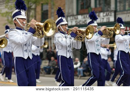 Stoughton, Wisconsin, Usa - May 20, 2018: Annual Norwegian Parade, Members Of The Stoughton High Sch