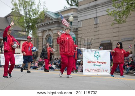 Stoughton, Wisconsin, Usa - May 20, 2018: Annual Norwegian Parade, Members Of The Special Olympics F