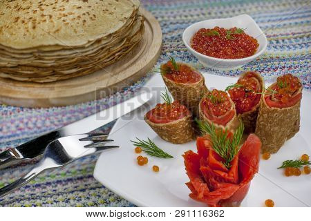 Russian Pancakes, Traditional For Russian Pancake Week With Red Cavier