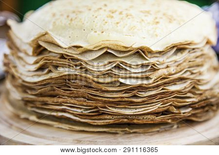 Traditional For Russian Pancake, Many Thin Pancakes On A Plate