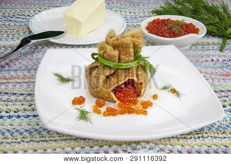 Russian Pancakes, Traditional For Russian Pancake Week With Red Cavier And Butter