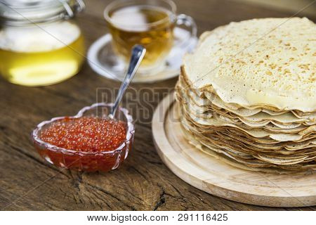 Russian Pancakes, Traditional For Russian Pancake Week With Red Cavier And Honey