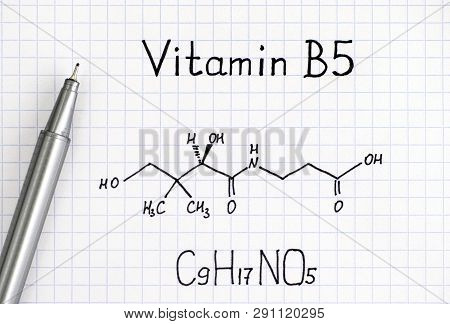 Chemical Formula Of Vitamin B5 And Pen. Close-up.