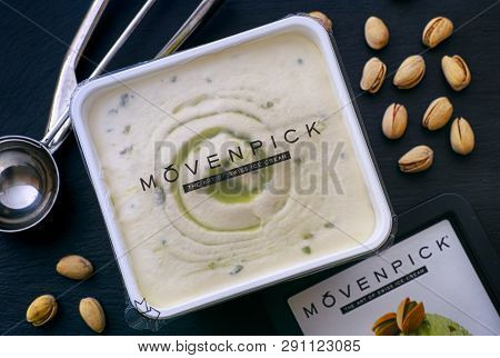 Tambov, Russian Federation - August 30, 2018 Movenpick Pistachio Ice Cream In Open Box With Spoon An