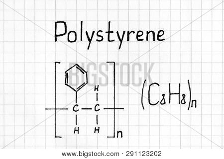 Handwriting Chemical Formula Of Polystyrene. Close Up.