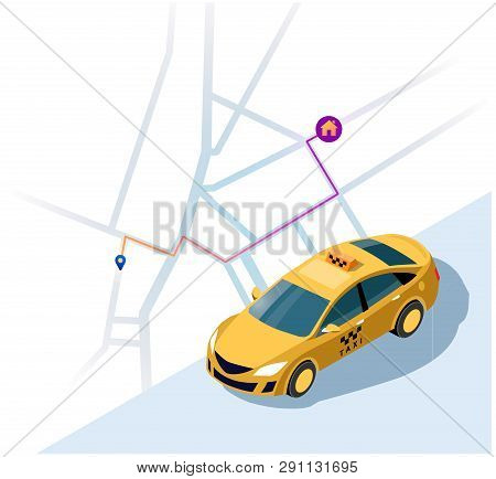 Service Of Taxi. Concept Of A Taxi Car. Vector 3d Isometric Illustration Of Yellow Taxi Car With The