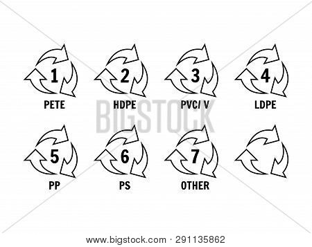 Recycling Symbols For Plastic. Flat Icons, Signs For Design Packaging.