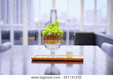 Green Melon Ball Shape Are Arranged On The Top Of Bingsu (korean Ice-cream Style) And Decorated With