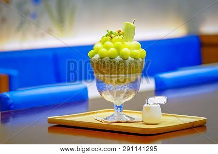 Green Melon Ball Shape Are Arranged On The Top Of Bingsu (korean Ice-cream Style) And Decorated With