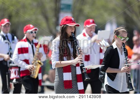 Chicago, Illinois, Usa - May 5, 2018: The Polish Constitution Day Parade, Young Polish Woman Wearing