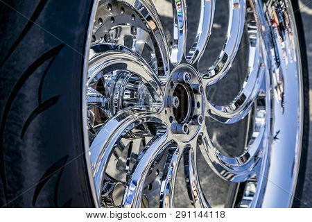 Chromed Car Wheels With Disc Brakes, Close-up