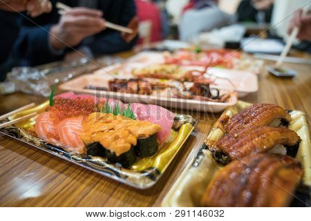 Shaddy Sushi, And Others Sushi; Salmon, Otoro, Eel, Grilled Shrimp, Crab Are Arranged On The Table R