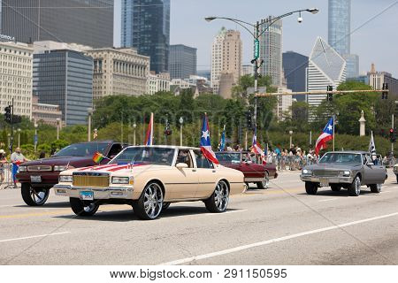 Chicago, Illinois, Usa - June 16, 2018: The Puerto Rican Day Parade, Cars Donk Modified Carrying Pue