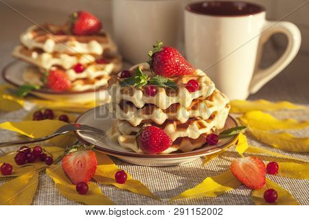 Waffles For Breakfast, Decorated With Autumn Leaves, Berries