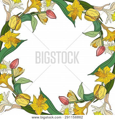 Round Garland With Daffodils And Pink And Yellow Tulips. Decorative Season Floral Frame For Festive 