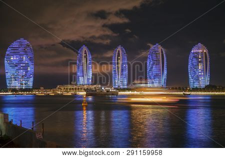 China, Hainan Island, Pheonix Island  - December 2, 2018: Pheonix Island Sanya, Illuminated Building