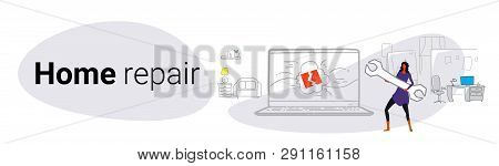 Woman Engineer Holding Wrench Girl Standing Near Laptop Screen Home Repair Service Concept Modern Ap