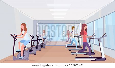 People Running Treadmill And Riding Stationary Bicycle Spinning Sport Activities Healthy Lifestyle C
