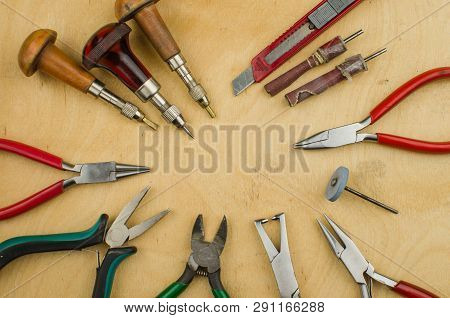 Tools Set Of Jewellery. Jewelry Workplace On Metal Background With Copy Space For Text. Top View.