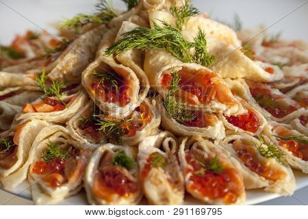 Russian Pancakes, Traditional For Russian Pancake Week With Red Cavier