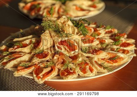 Russian Pancakes, Traditional For Russian Pancake Week With Red Cavier