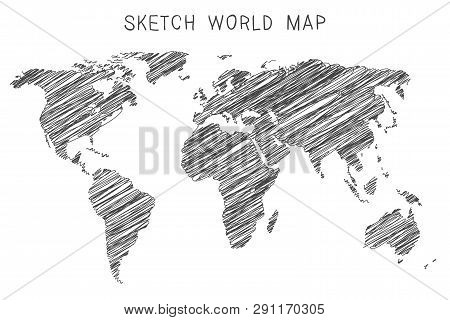 Sketch World Map Background. Illustration Of Gray Pencil Lines Silhouettes Of World Map.