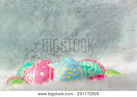 Multiple Colored Easter Eggs On Fur Background, Pink, Blue And Green Eggs Amsterdam The Netherlands,