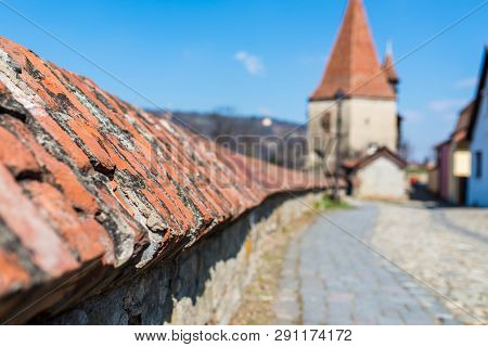 Brick Wall Close Up Shot Around Fortified Tower In Sighisoara , Romania, Shallow Depth Of Field, Cop