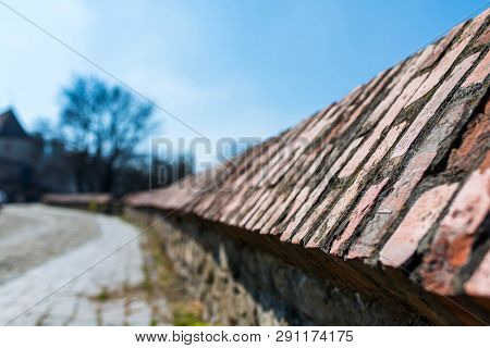 Brick Wall Close Up Shot Around Fortified Tower In Sighisoara , Romania, Shallow Depth Of Field, Cop
