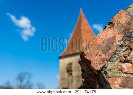 Brick Wall Close Up Shot Around Fortified Tower In Sighisoara , Romania, Shallow Depth Of Field, Cop