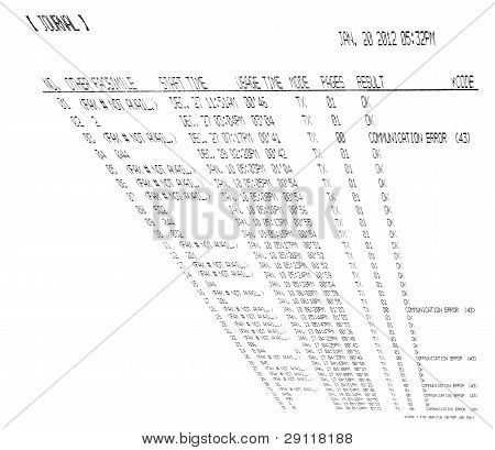 Yazdırılan faks elektronik izole beyaz arka plan, Faks, zaman numaraları yığın üzerinde