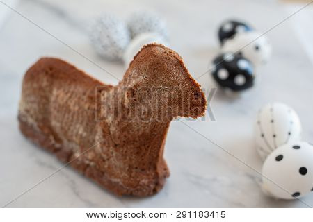 Home Made Chocolate Easter Lamb Cake On A Table
