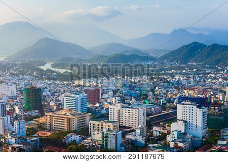 Nha Trang City Skyline Aerial Panoramic View At Sunset In South Vietnam
