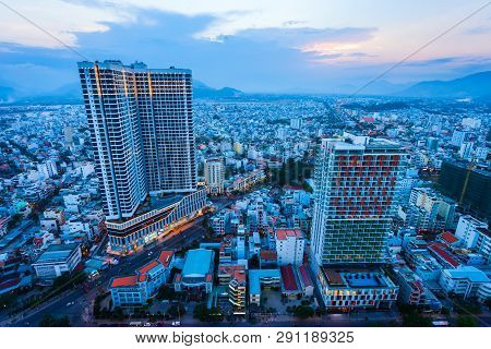 Nha Trang City Skyline Aerial Panoramic View At Sunset In South Vietnam