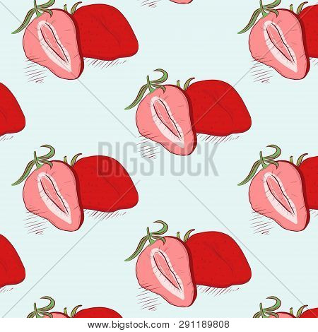 Straberries On Pink Decoraition. Modern Food Fabric Pattern. Dessert Fruit Natural Background. Healt