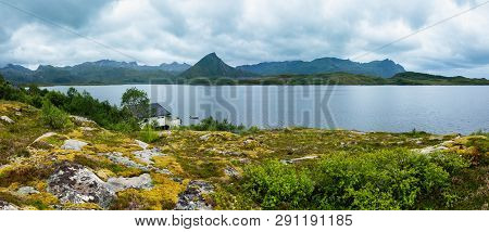 Lofoten Fjord And Mountains Summer Cloudy Landscape, Norway. Panorama.