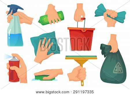 Cleaning Products In Hands. Hand Hold Detergent, Housework Supplies And Cleanup Rag Cartoon Vector I
