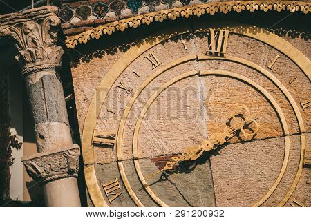 Tbilisi, Georgia. Close Up Details Of Famous Rezo Gabriadze Marionette Theater Clock Tower On Old Ci
