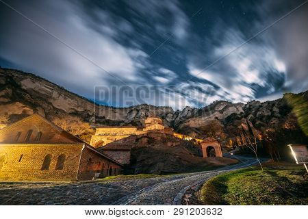 Mtskheta, Georgia. Medieval Monastic Shio-mgvime Monastery Shiomgvime Complex Under Autumn Night Sta