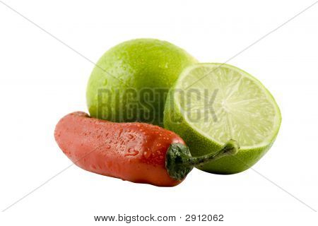 Two Lime And A Red Chili Isolitad On White Background